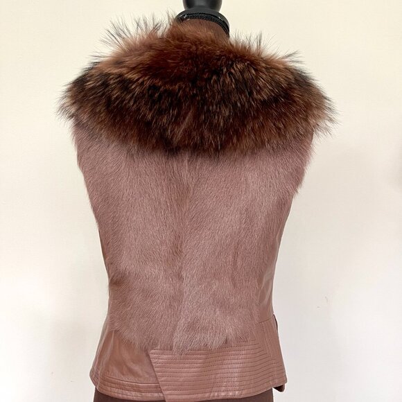 NWOT Tan Brown Leather Vest Real Fox Fur L size - Picture 5 of 16